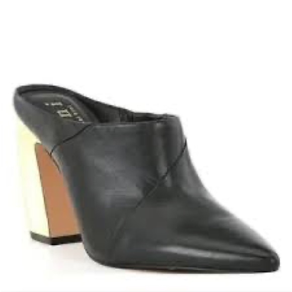 Gianni Bini Donovan Leather Mules - Black with Gold Block Heel - Picture 4 of 5